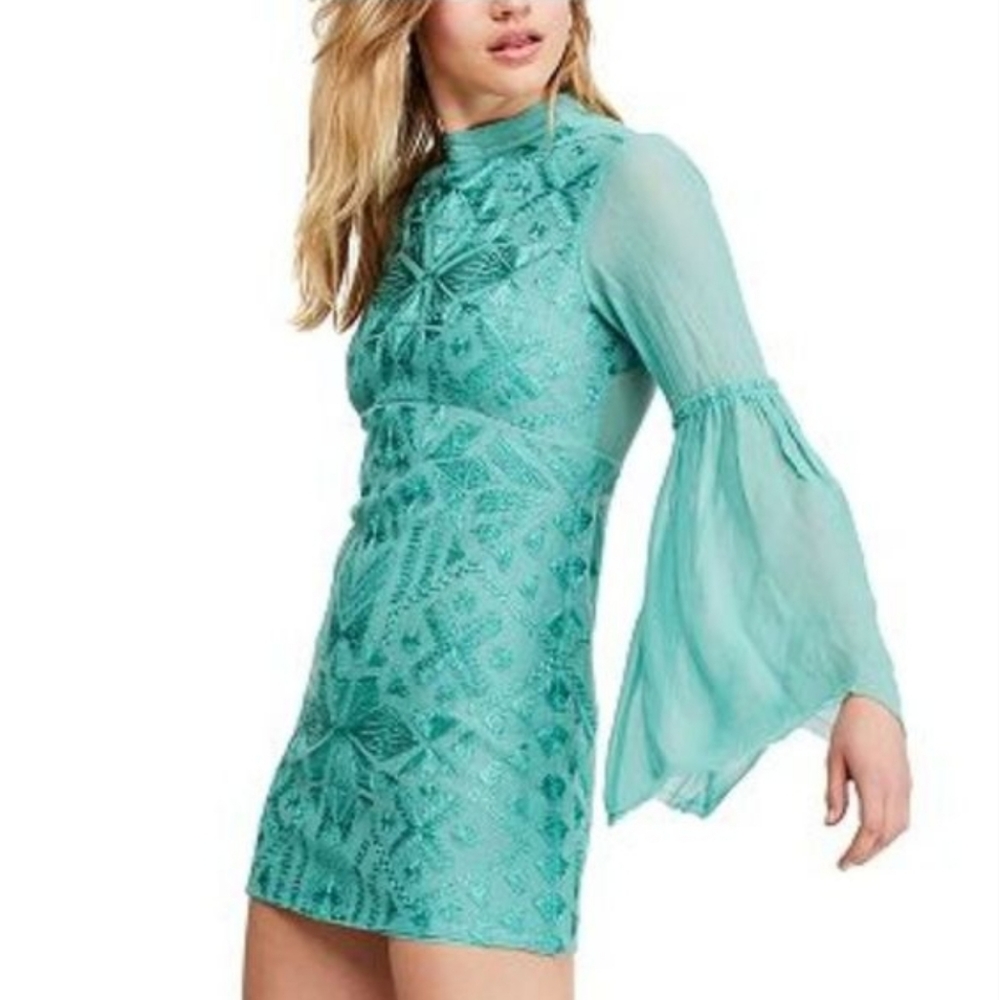 FREE PEOPLE Turquoise Embroidered Mini Dress